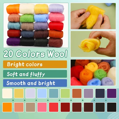 Vista 2 de Kit de fieltro con aguja Mayboos, juego de lana mecha de 20 colores, kit de fieltro de lana con moldes de fieltro y caja de almacenamiento portátil