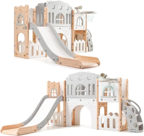 Vista 9 de Juego de toboganes 8 en 1 para niños, centro de actividades para interiores y exteriores, juego de tobogán escalador para niños con aro