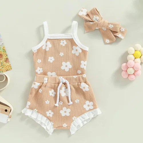 Vista 8 de Mubineo Conjunto de 3 piezas para bebé niña, estilo bohemio, overol, pantalones cortos, diadema