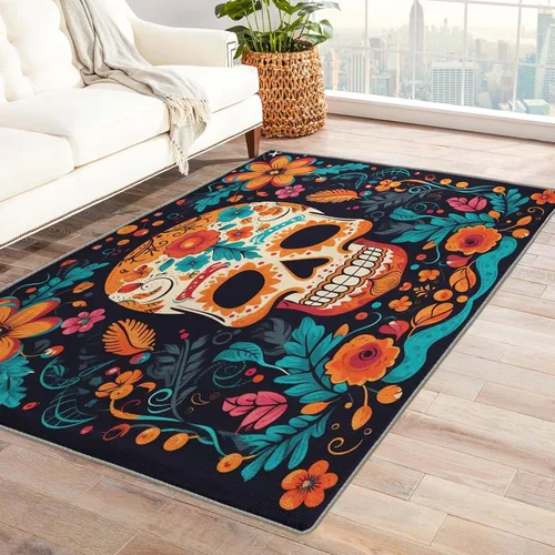 Vista 8 de Alfombra de calavera de azúcar de 2 x 3 pies, alfombra mexicana para entrada, alfombra de día de los muertos, decoración de habitación de niños