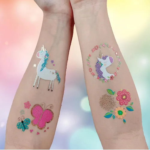 Vista 6 de PapaKit Unicorn and Friends - Juego de 36 tatuajes falsos temporales, 18 hojas envueltas individualmente Recompensa de regalo de fiesta