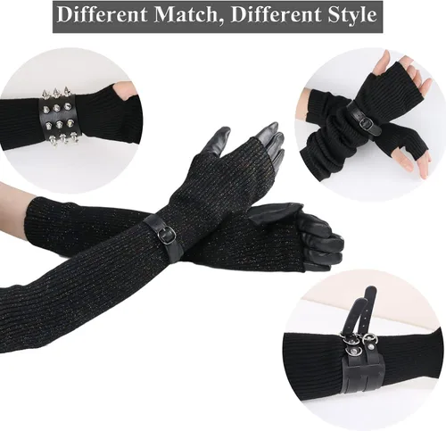Vista 6 de Facecozy Calentadores de brazos para mujer, mezcla de lana de cachemira, guantes largos sin dedos para mujer, guantes para clima frío con agujero