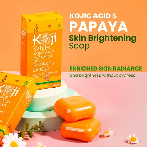 Vista 2 de Koji White Jabón iluminador de piel con ácido kójico y papaya, barra facial exfoliante, piel radiante, rejuvenece, hidratante, barra limpiadora