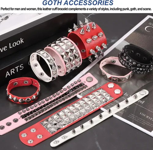 Vista 4 de MECCANIXITY Juego de pulseras de cuero con tachuelas de rock punk, brazalete gótico con púas de PU, pulseras ajustables Emo Grunge, accesorios