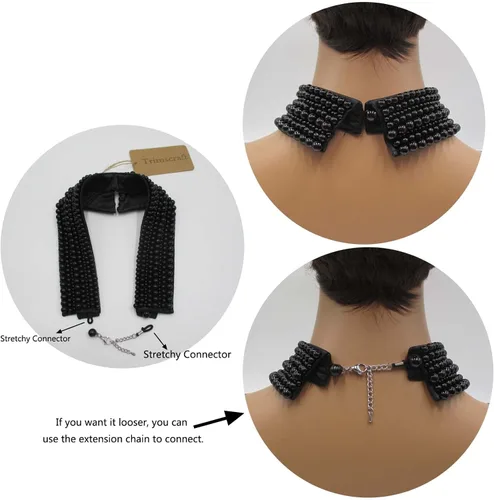 Vista 3 de Collar llamativo negro gargantilla de perlas simuladas con cuentas babero desmontable falso collar con cadena de extensión accesorio de ropa