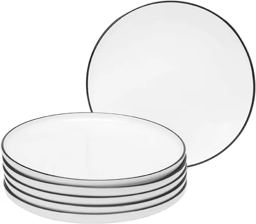 Vista 10 de Platos pequeños de porcelana de 6 pulgadas, color blanco con bordes negros, platos para servir, postre, ensalada, aperitivos, juego de 6