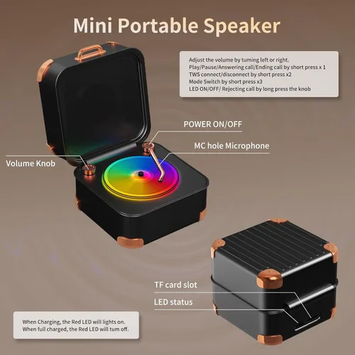 Vista 2 de Altavoz Bluetooth para tocadiscos, mini tocadiscos, vinilo retro, pequeño altavoz Bluetooth inalámbrico, calidad de sonido HD, kawaii, adecuado