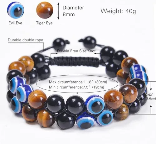 Vista 2 de LipLopBest 2 pulseras de triple protección para hombres y mujeres, ojo de tigre y obsidiana negra de 0.315 pulgadas, pulsera curativa para traer