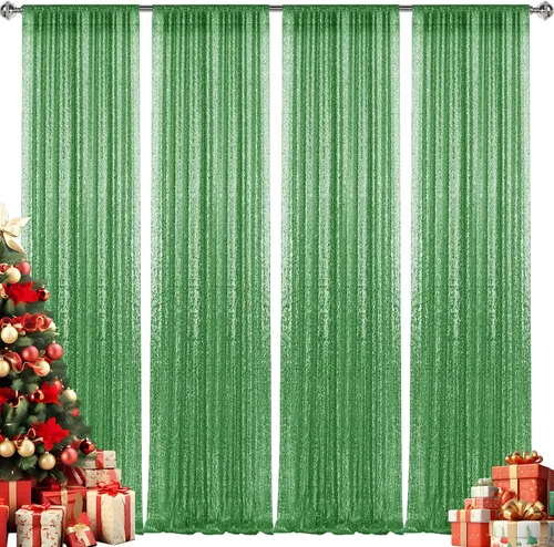 Vista 67 de 2 paneles de cortinas de fondo de lentejuelas verdes de 8 pies, cortinas de fondo de fotografía con purpurina para decoración de Navidad, boda