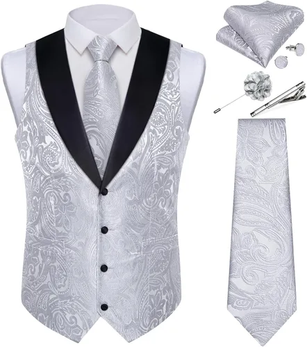Vista 25 de DiBanGu Chaleco de traje de cachemira para hombre, chaleco jacquard de seda y corbata, chaleco formal de cuello de chal, 7 piezas para fiesta