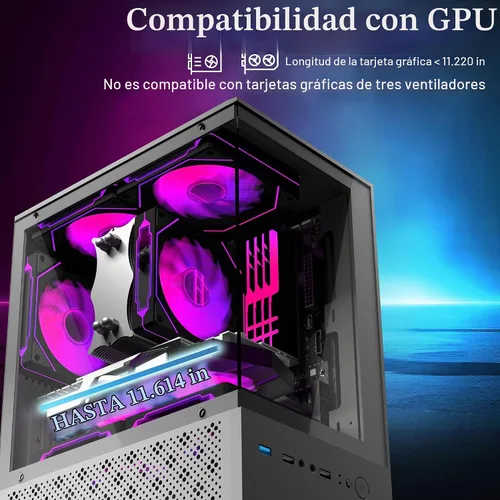 Vista 5 de Carcasa Micro ATX, carcasa MATX, ITX para PC con ventilador ARGB de 2 x 120 mm preinstalado, panel frontal y lateral de vidrio templado panorámico