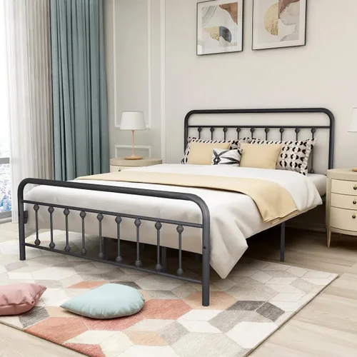 Vista 11 de Marco de cama de metal tamaño matrimonial con cabecero y estribo, sin somier, color blanco