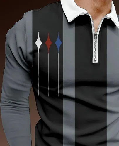 Vista 2 de Polo de manga larga para hombre, estampado con cremallera, casual, ajustada, camisas de golf