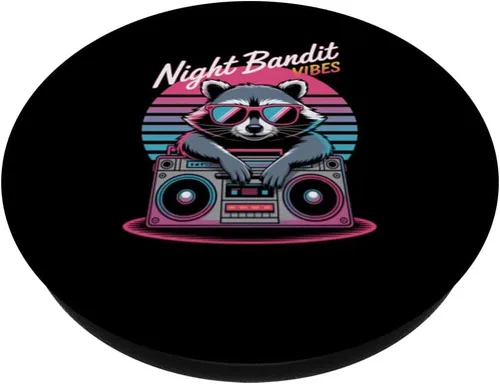 Vista 2 de Raccoon Boombox Retro Night Bandit Vibes Aesthetic PopSockets Adhesive PopGrip