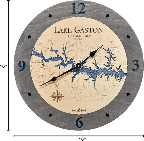 Vista 10 de Sea & Soul Lake Gaston Reloj náutico con mapa de madera 3D, reloj de profundidad de agua tallada en arte del lago, reloj de pared único, decoración