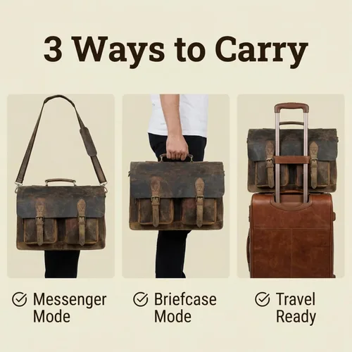 Vista 6 de cuero Bolso de mensajero retro marrón para computadora portátil, maletín de oficina, bolsa de viaje cruzada para hombres y mujeres, bolsa de oficina