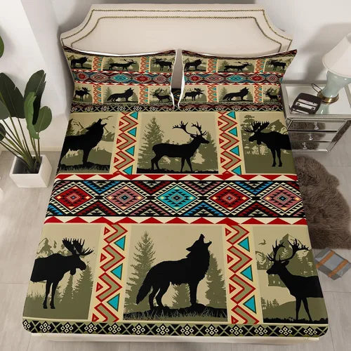 Vista 46 de Juego de ropa de cama de estilo bohemio occidental, tamaño individual, diseño de vaca atrapasueños, sábana bajera ajustable del suroeste, tribu
