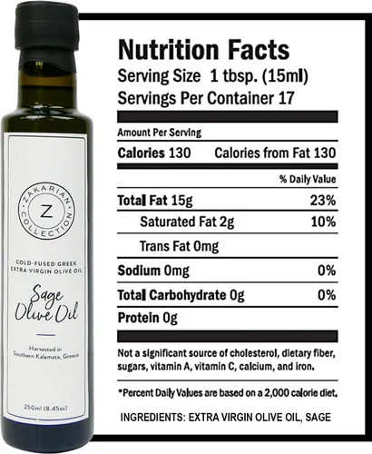 Vista 2 de Zakarian: Aceite de oliva de salvia extra virgen prensado en frío, hecho de aceitunas griegas orgánicas y salvia, 8.5 fl oz, ultra premium, baja