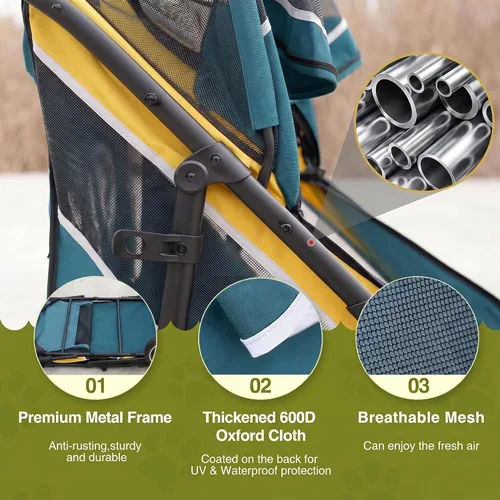 Vista 5 de Cochecito para perros medianos y grandes, plegable con un solo clic, cochecito para mascotas extra grande para 2 perros con bolsillo