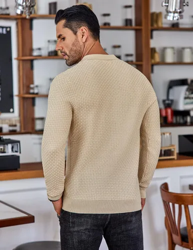 Vista 3 de COOFANDY Polo de punto para hombre, de manga larga, ligero, a la moda, informal, con cuello