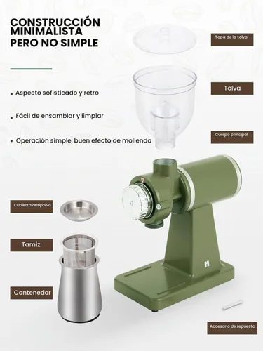 Vista 5 de Huanyu - Molinillo de café plano de 2.362 in, color verde crema retro para café casero Stainless steel burr, 8 precision grind settings, 250g