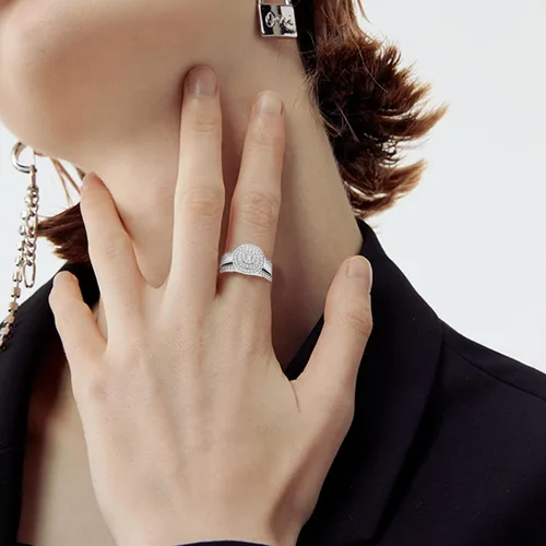 Vista 4 de Juego de 3 anillos redondos para mujer, anillo de compromiso con incrustaciones de circón, joyería elegante, anillo de boda grueso para novia