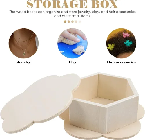 Vista 9 de iplusmile Caja de madera Caja de madera 3 piezas Caja de joyería de madera sin terminar con forma de flor, caja organizadora de almacenamiento