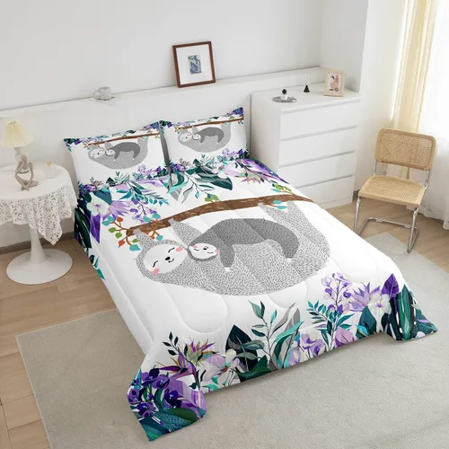 Vista 4 de Erosebridal Juego de edredón de perezoso tamaño individual, bonito edredón de plumón de perezoso en árbol para niños y niñas, juego de ropa de cama