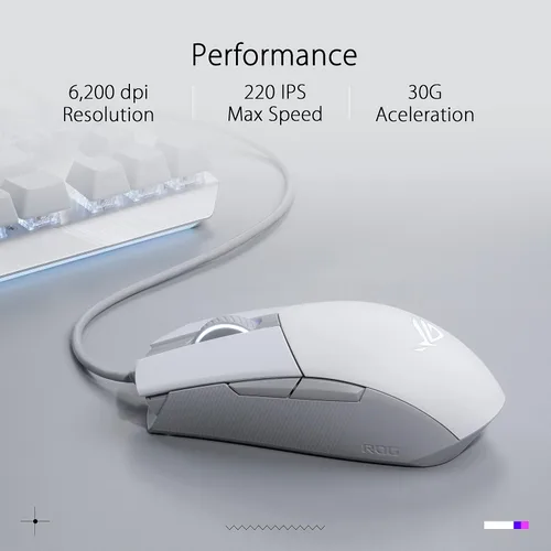 Vista 2 de ASUS ROG Strix Impact II Moonlight White Mouse para juegos Diseño ambidiestro y ligero sensor óptico de 6200 DPI interruptores intercambiables