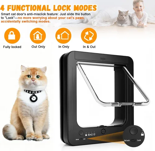 Vista 2 de Puerta inteligente para gatos para interior y exterior, puerta para mascotas con 3 llaves de sensor de collar y 1 control remoto y bloqueo de 4 vías