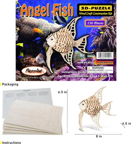 Vista 2 de Puzzled Rompecabezas 3D de madera de pez ángel, kit de modelo de construcción, divertido juguete de madera único y educativo, modelo de ensamblaje