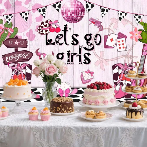 Vista 5 de Fondo de vaquera rosa de 5 x 3 pies con estampado de vaca disco occidental para niñas, cumpleaños, despedida de soltera, adolescente, decoración