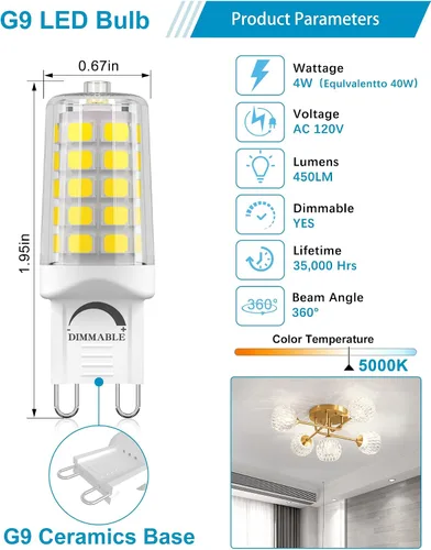 Vista 2 de Paquete de 10 bombillas LED G9 regulables 5000K luz diurna blanca, 4W 40W equivalente a T4, 450 LM, base G9 bi-pin para iluminación del hogar