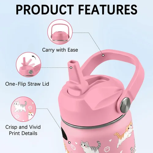 Vista 3 de Botella de agua para gatos, vaso de acero inoxidable de 16 onzas con pajita Rosa gato.
