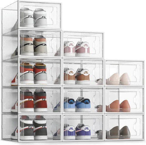 Vista 9 de 12 cajas de almacenamiento de zapatos, de plástico transparente apilable, organizador de zapatos para armario, contenedores de zapatos apilables