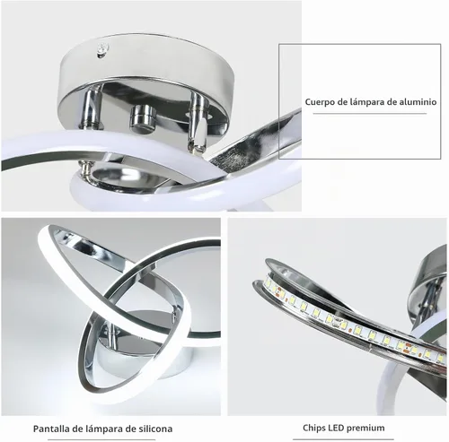 Vista 4 de Lámpara de Techo LED Moderna, Lámpara de Techo de 22W LED 6500K Blanco Frío Diseño Espiral para Pasillo de Corredor Balcón Cocina (Plateado)