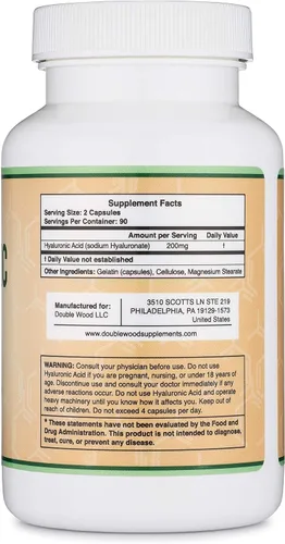 Vista 3 de Double Wood Supplements Ácido hialurónico, 180 cápsulas (100 mg por cápsula)