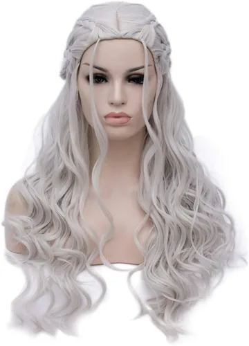 Vista 2 de Daenerys Targaryen - Peluca para Juego de Tronos, Khaleesi, pelucas de cabello largo y rizado ondulado BU121B Plata Gris