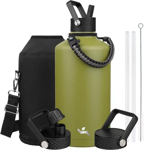 Vista 67 de Konokyo - Botella de agua aislada de 18 onzas, botellas deportivas de acero inoxidable con 3 tapas, verde militar