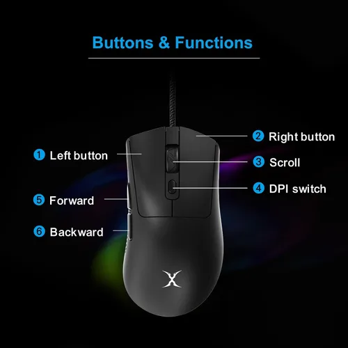 Vista 4 de FOXXRAY Ratón para juegos SM-91 RGB, 7200 DPI, mouse óptico ligero con cable de 2.12 oz con 7 botones programables, agarres antideslizantes, cable
