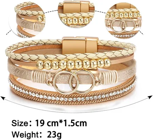 Vista 6 de Fesciory - Pulsera de leopardo para mujer, estilo bohemio de cuero multicapa con perlas de cristal