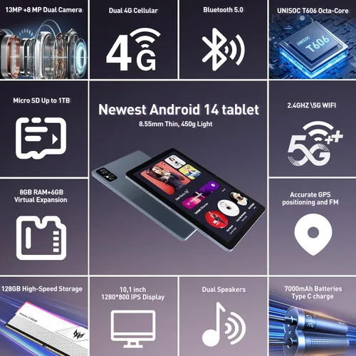 Vista 2 de DOMATON Tabletas, tableta Android de 10.1 pulgadas con 14 GB de RAM 128 GB ROM 1280 * 800 pantalla Incell, procesador octa-core batería de 7000 mAh