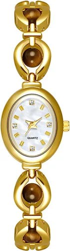 Vista 19 de ADSBIAOYE Elegante reloj de perlas para mujer, reloj de vestir con esfera ovalada, regalo, reloj impermeable para mujer 01 Oro blanco