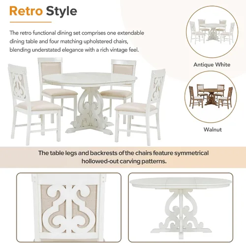 Vista 5 de Juego de mesa de comedor extensible de 5 piezas, juego de comedor funcional retro con 1 mesa extensible con una hoja de 16 pulgadas y 4 sillas