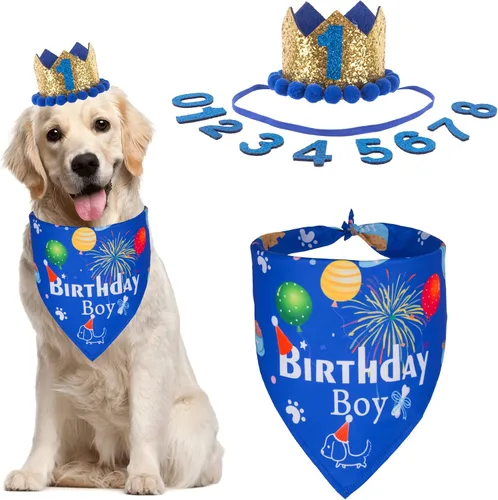 Vista 9 de ADOGGYGO - Bandana de cumpleaños para perro, sombrero de cumpleaños azul, números de edad, talla S 3 tamaños, bandana transpirable, corona dorada