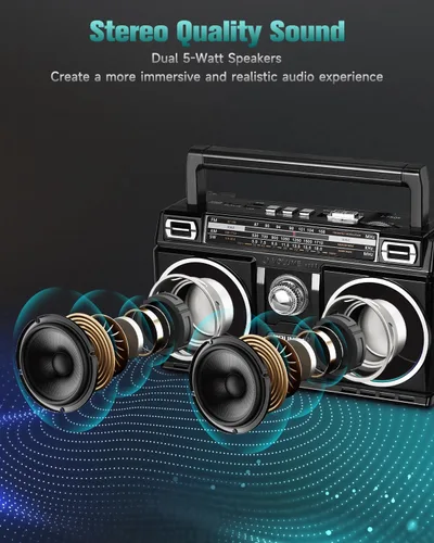 Vista 2 de PRUNUS 750 Radio AM FM Portátil con Bluetooth Altavoz Doble, Regalos para Papá y Mamá, Reproducción de Tarjeta USB/TF, Radios Recargables