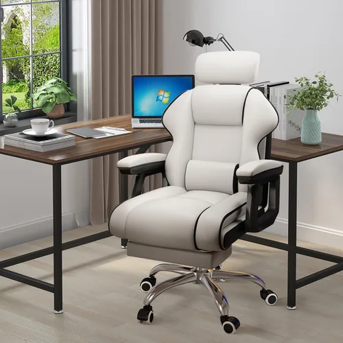 Vista 7 de Silla ejecutiva para computadora, silla de escritorio para oficina en casa, ángulo ajustable, ergonómica, de altura ajustable, sillas de piel Blanco