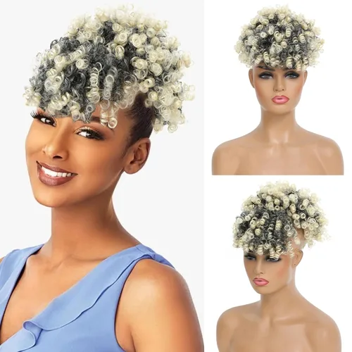 Vista 16 de Cola de caballo con cordón y flequillo, extensiones de cola de caballo afro para mujer, cola de caballo corta y rizada con flequillo con clip para 1b