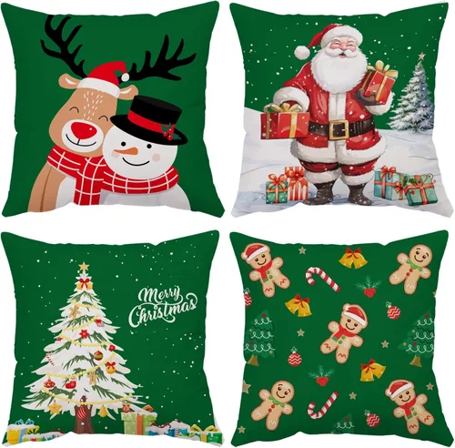 Vista 15 de Juego de 4 fundas de almohada de Navidad de 12 x 12 pulgadas, fundas de almohada de terciopelo de Navidad, fundas de almohada doradas y rojas
