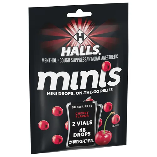 Vista 9 de HALLS Minis - Gotas para la tos sin azúcar, sabor a cereza, 48 gotas